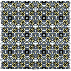 May include: A seamless pattern featuring a repeating design of intricate floral motifs in shades of blue, yellow, and white. The pattern is reminiscent of traditional Islamic tilework.
