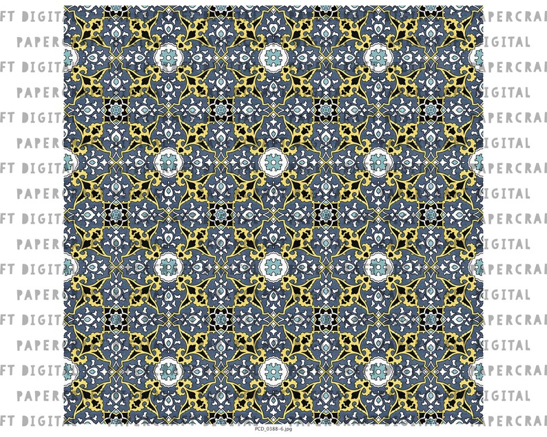 May include: A seamless pattern featuring a repeating design of intricate floral motifs in shades of blue, yellow, and white. The pattern is reminiscent of traditional Islamic tilework.