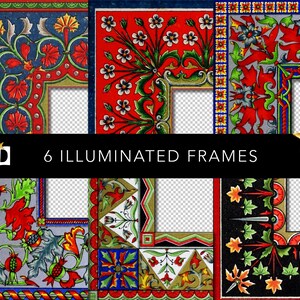 May include: Six illuminated frames with intricate floral and foliate designs in red, blue, green, and gold. Each frame has a transparent center. The text "6 ILLUMINATED FRAMES" is displayed.