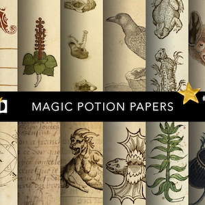 May include: A collage of vintage illustrations featuring various creatures, including a bat, a bird, a frog, a fish, a beetle, and a plant. The illustrations are in black and white and have a rustic, antique aesthetic. The text "MAGIC POTION PAPERS" is displayed in a bold, black font.