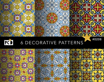 6 Seamless Mediterranean Tile Patterns | Yellow Blue Iznik Digital Paper | Ornate Floral Gift Wrap | endpapers | Commercial POD Asset
