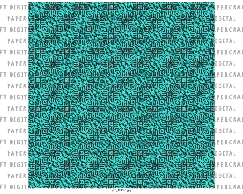 May include: A seamless pattern with a teal background and black geometric shapes. The pattern is made up of repeating squares and diamonds.