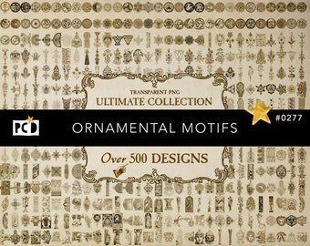 Könnte beinhalten: Eine Sammlung von über 500 ornamentalen Motiven in Schwarz und Gold, mit einem Banner, auf dem "TRANSPARENT PNG ULTIMATE COLLECTION ORNAMENTAL MOTIFS Over 500 DESIGNS #0277" steht.