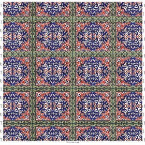 May include: A seamless pattern of repeating square tiles with intricate floral designs in shades of blue, red, white, and green. The tiles have a traditional Turkish or Middle Eastern style.