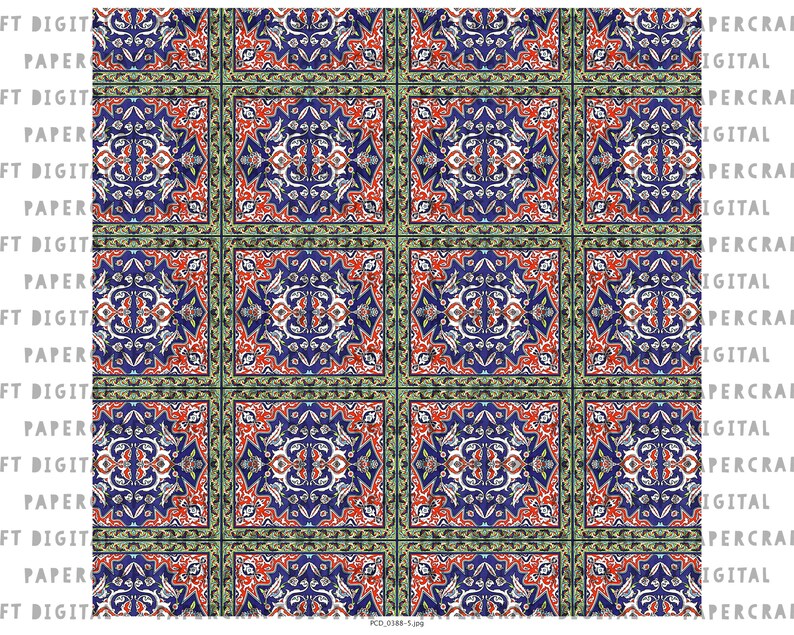 May include: A seamless pattern of repeating square tiles with intricate floral designs in shades of blue, red, white, and green. The tiles have a traditional Turkish or Middle Eastern style.
