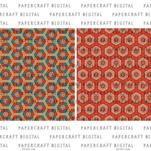 K&ouml;nnte beinhalten: Ein nahtloses Muster mit einem sich wiederholenden geometrischen Design aus roten, blauen und goldenen Sechsecken. Das Muster ist perfekt f&uuml;r Bastelprojekte, Scrapbooking und digitales Design.