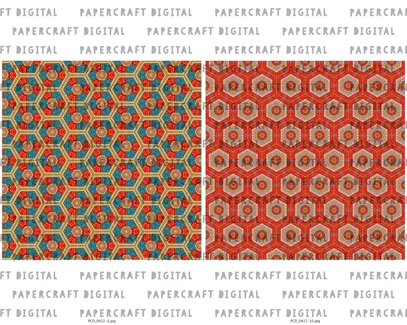 K&ouml;nnte beinhalten: Ein nahtloses Muster mit einem sich wiederholenden geometrischen Design aus roten, blauen und goldenen Sechsecken. Das Muster ist perfekt f&uuml;r Bastelprojekte, Scrapbooking und digitales Design.