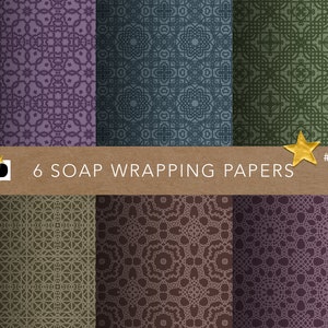 May include: Six digital paper designs featuring intricate geometric patterns in shades of purple, blue, green, and brown. The papers are labeled "6 SOAP WRAPPING PAPERS #0176".
