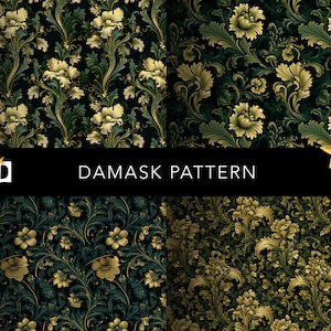 May include: Four seamless patterns featuring a damask design with gold and green floral motifs on a black background. The text "Damask Pattern" is displayed in the center of the image.
