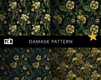 Damask Patterns | Gold Emerald Baroque Tile | Luxury Packaging Digital Paper | Bookbinding endpapers | Commercial POD