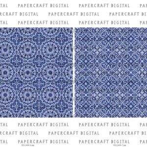 Może przedstawiać: Wz&oacute;r papieru cyfrowego bez szw&oacute;w z geometrycznym wzorem w kolorze niebieskim i białym. Wz&oacute;r składa się z powtarzających się kwadrat&oacute;w ze skomplikowanymi detalami. Wz&oacute;r idealnie nadaje się do scrapbookingu, tworzenia kartek i innych prac papierowych.
