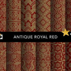 Puede incluir: Un conjunto de 8 patrones de papel digital con diseños intrincados y repetitivos en oro y rojo. Los patrones están inspirados en diseños reales antiguos y son perfectos para proyectos de manualidades.