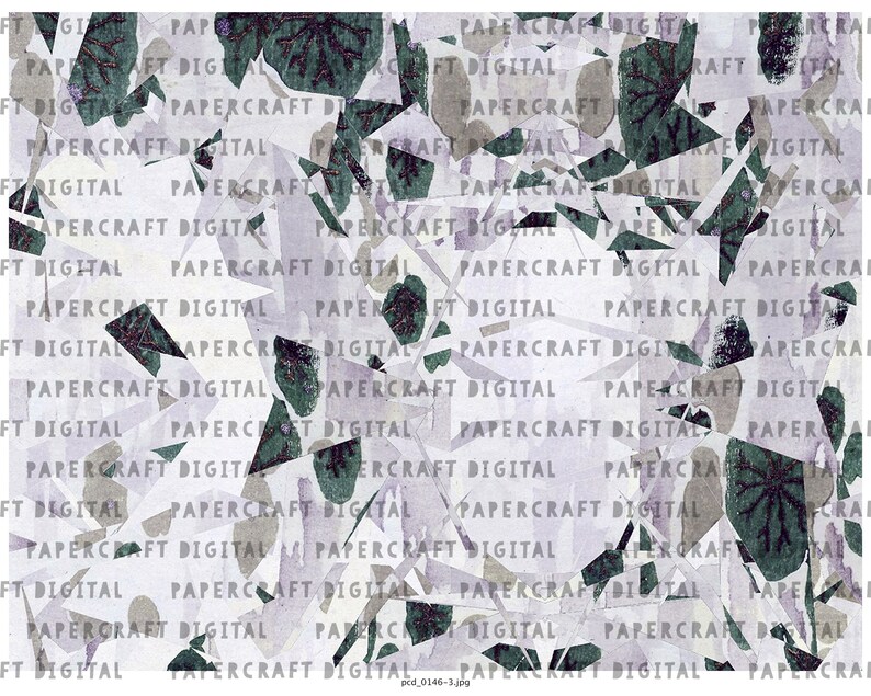 Pu&ograve; includere: Uno sfondo di carta digitale con uno schema di colori bianco, viola e verde. Lo sfondo &egrave; composto da molti piccoli pezzi di carta sovrapposti, creando un effetto testurizzato. Il testo "PAPERCRAFT DIGITAL" &egrave; ripetuto su tutto lo sfondo.