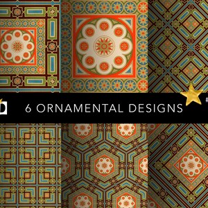 May include: Six different ornamental designs featuring intricate geometric patterns in shades of blue, green, red, orange, and brown. The designs are arranged in a grid pattern and are suitable for use as wallpaper, fabric, or other decorative purposes.
