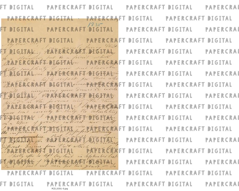 K&ouml;nnte beinhalten: Ein Vintage-Papier in Cremefarbe mit handschriftlichem Text in brauner Tinte. Der Text ist ein Brief, und das Papier hat ein abgenutztes, gealtertes Aussehen. Der Text wird im Hintergrund wiederholt, "Papercraft Digital".