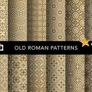 Puede incluir: Conjunto de ocho patrones sin costuras que presentan intrincados diseños geométricos en dorado y beige. Los patrones están etiquetados como "Old Roman Patterns #0415".