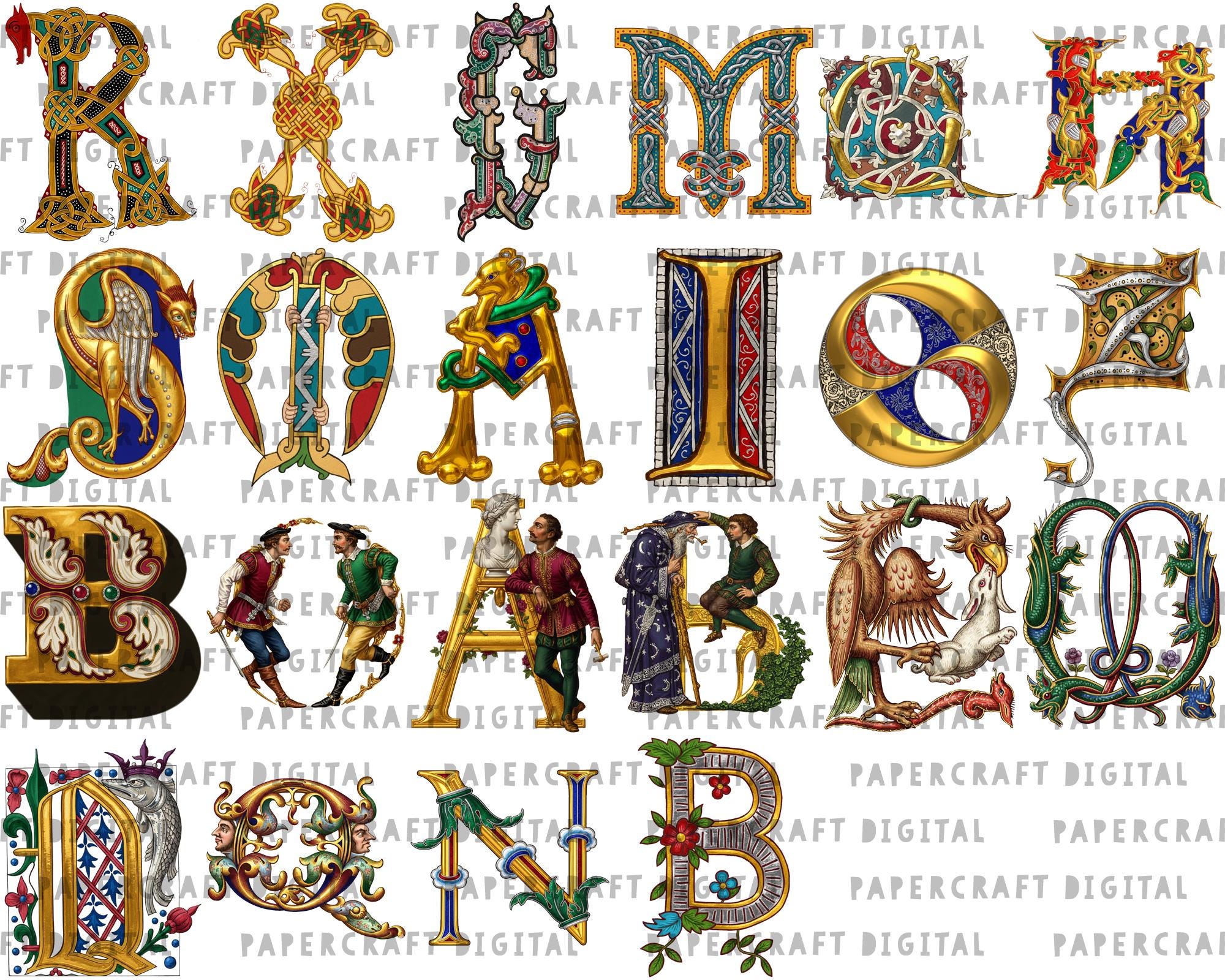 142 Illuminated Initials MEGA BUNDLE | Antique Medieval Alphabet