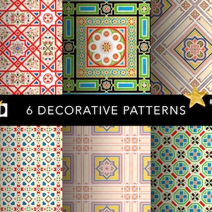 May include: Six decorative patterns featuring geometric designs in red, blue, green, yellow, and white. The patterns are arranged in a grid with a black border and the text "6 DECORATIVE PATTERNS" in the center.