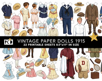 Vintage 1915 Paper Doll Collection, 22 Sheet Digital Download, Edwardian Fashion Cut Outs