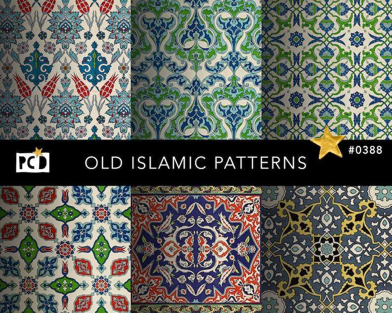 Set of 6 seamless digital papers featuring ornate Old Islamic and Iznik tile floral patterns, including stylized tulips, in a vibrant jewel-toned palette of blue, red, and green, ideal for web design and commercial printing.