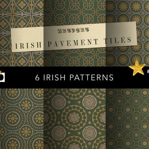Könnte beinhalten: Sechs verschiedene grüne und goldene irische Pflastermuster. Die Muster sind kompliziert und weisen Kreise, Quadrate und andere geometrische Formen auf. Der Text "Ancient Irish Pavement Tiles" und "6 Irish Patterns" ist auf dem Bild zu sehen.