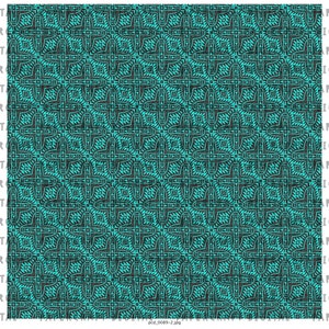 May include: A seamless pattern with a teal blue background and a black geometric design. The pattern is made up of repeating squares and diamonds.