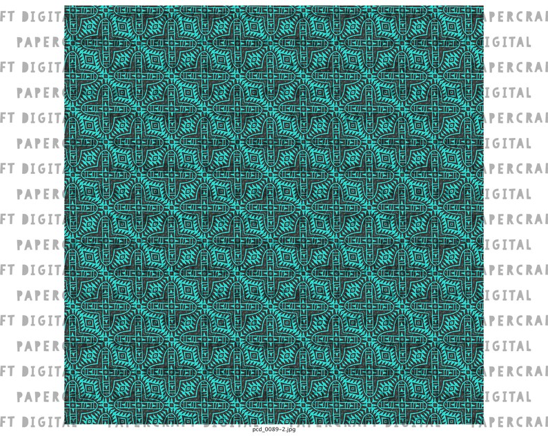 May include: A seamless pattern with a teal blue background and a black geometric design. The pattern is made up of repeating squares and diamonds.