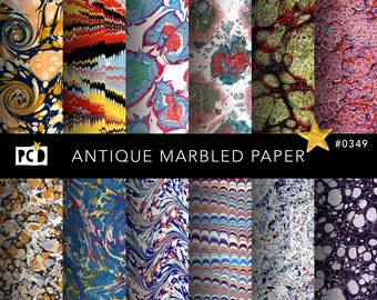 12 Antique Marbled Papers | Printable Endpaper | High Res 300 DPI Bookbinding Art | Commercial Use