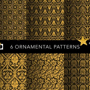 May include: Six ornamental patterns in gold on a black background. The patterns are geometric and floral. The text "6 ORNAMENTAL PATTERNS #0301" is at the bottom of the image.