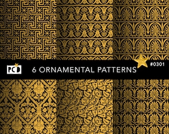6 Seamless Black Gold Ornamental Patterns | Greek Key Palmette Digital Tile | Luxury Packaging | endpapers | Commercial POD Asset | Antique