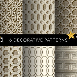 May include: Six decorative patterns in a repeating geometric design. The patterns are in shades of brown and white on a textured background. The patterns are labeled "6 Decorative Patterns" and "#0302".