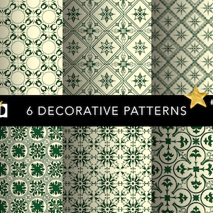 Puede incluir: Seis patrones decorativos con intrincados diseños geométricos en tonos verdes y crema. Los patrones están dispuestos en una cuadrícula, con cada patrón separado por un borde negro. El texto "6 PATRONES DECORATIVOS" se muestra en el centro de la imagen.