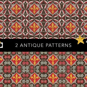 2 Seamless Antique Fleur-de-Lis Patterns | High Res Medieval Heraldry Digital Paper | Gothic Encaustic Tile Endpapers