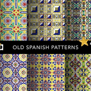 May include: Three seamless patterns featuring colorful Spanish tile designs. The patterns are yellow, blue, red, and green with intricate floral and geometric designs. The patterns are labeled "Old Spanish Patterns #0329".