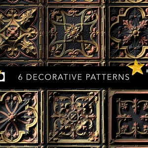 Puede incluir: Seis patrones decorativos en un diseño de azulejos repetido. Cada azulejo presenta un diseño ornamental en relieve en colores negro, dorado y cobre. La imagen incluye el texto "6 PATRONES DECORATIVOS" y un icono de estrella.