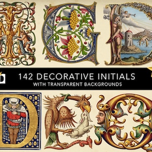 142 upplysta initialer MEGA-PAKET | Antik medeltida alfabet Clipart PNG | Vintage Drop Caps