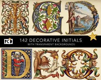 142 Illuminated Initials MEGA BUNDLE | Antique Medieval Alphabet Clipart PNG | Vintage Drop Cap Letters