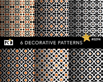 Seamless Geometric Quatrefoil Patterns | Black & Orange Encaustic Tile Digital Paper | Vintage Endpapers | Dollhouse Floor