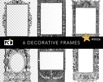 6 renässansram Clipart PNG | Barock gravyrkantöverlägg | Junk Journal Faux-dokumentkit | Heraldikmonogramram