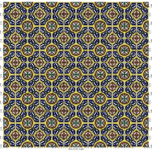 Puede incluir: Un patr&oacute;n sin costuras de azulejos geom&eacute;tricos repetidos en tonos de azul, amarillo, marr&oacute;n y verde. Los azulejos presentan intrincados dise&ntilde;os florales y un patr&oacute;n repetitivo de c&iacute;rculos.