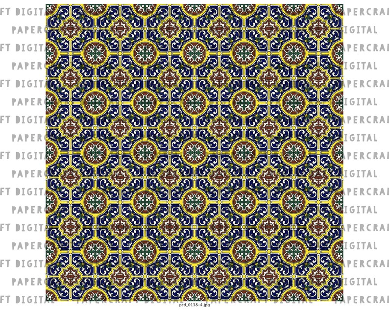 Puede incluir: Un patr&oacute;n sin costuras de azulejos geom&eacute;tricos repetidos en tonos de azul, amarillo, marr&oacute;n y verde. Los azulejos presentan intrincados dise&ntilde;os florales y un patr&oacute;n repetitivo de c&iacute;rculos.