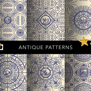 May include: A seamless pattern tile featuring a repeating design of blue and white stylized figures and floral motifs on a cream background. The pattern is labeled "Antique Patterns #0248".
