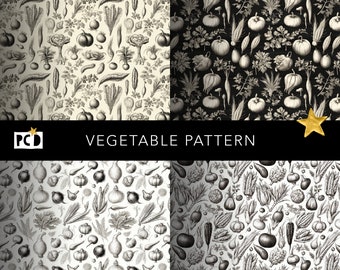 Vegetable Engraving Paper | Monochrome Botanical Pattern (12x12, 300 DPI)