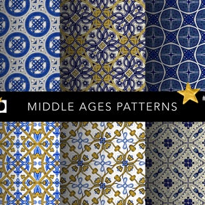 May include: A set of six seamless patterns featuring intricate geometric designs in shades of blue, gold, and white. The patterns are inspired by medieval architecture and are perfect for use in a variety of design projects.