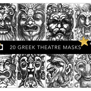 Ancient Greek Theatre Masks | Old Digital Paper Pack