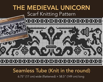 Medieval Tapestry Unicorn Scarf: Fair Isle Stranded Colorwork Seamless Tube Knitting Pattern
