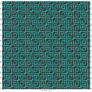 May include: A seamless pattern featuring a repeating geometric design of black squares with jagged edges on a turquoise background.