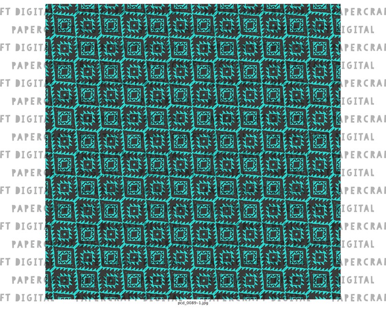 May include: A seamless pattern featuring a repeating geometric design of black squares with jagged edges on a turquoise background.