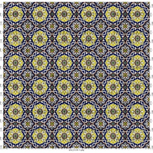 Puede incluir: Un patr&oacute;n sin costuras de formas geom&eacute;tricas repetidas en tonos de azul, amarillo, blanco y marr&oacute;n. El patr&oacute;n recuerda los dise&ntilde;os tradicionales de azulejos.