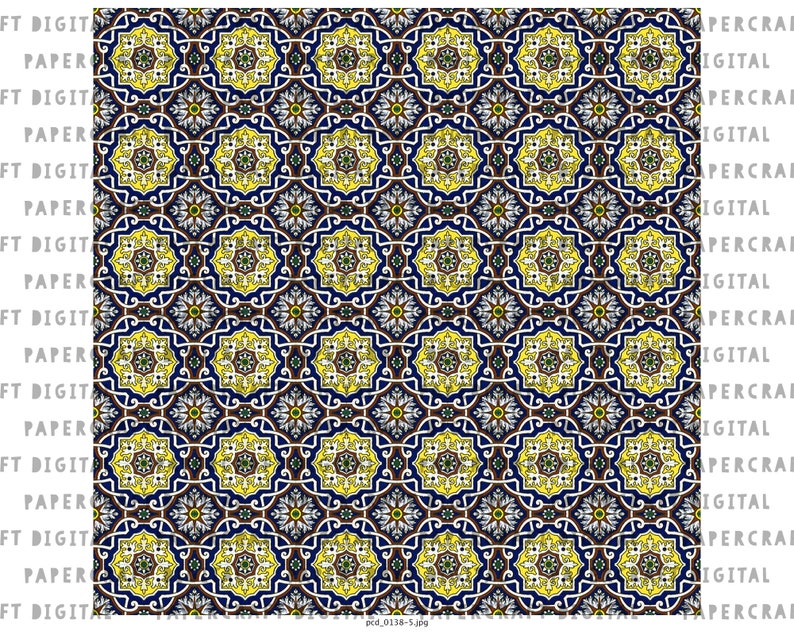 Puede incluir: Un patr&oacute;n sin costuras de formas geom&eacute;tricas repetidas en tonos de azul, amarillo, blanco y marr&oacute;n. El patr&oacute;n recuerda los dise&ntilde;os tradicionales de azulejos.